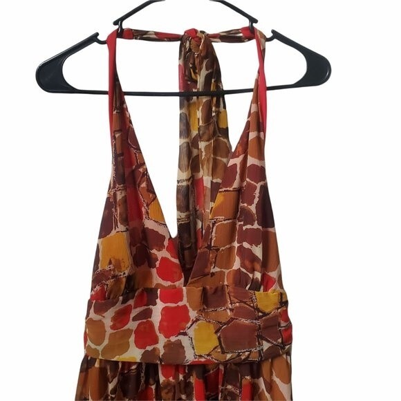 Boston Proper Multicolor Brown Red Yellow Halter V Neck Maxi Dress sz 8 - Picture 3 of 9
